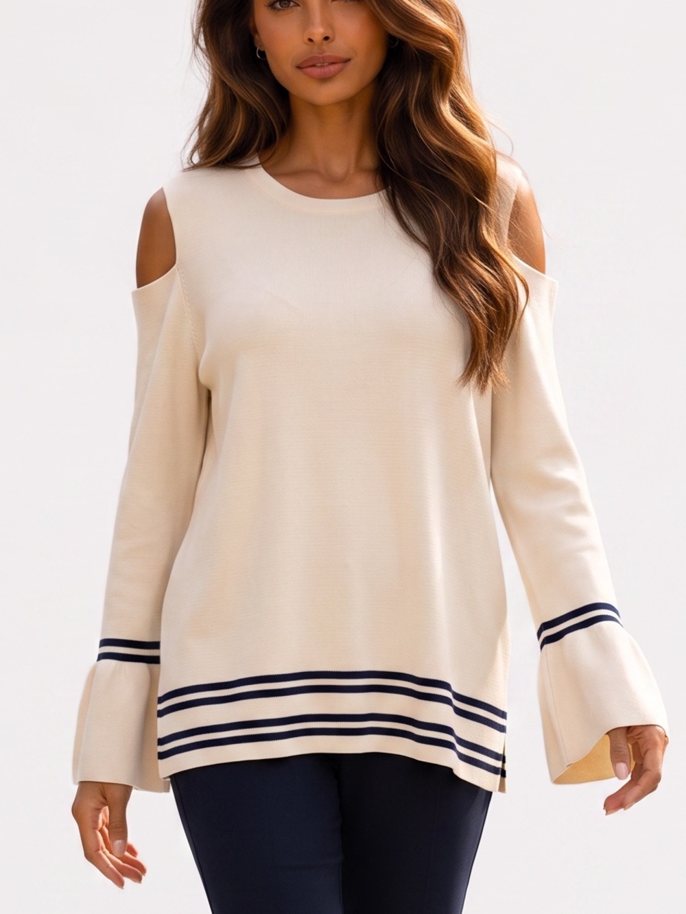 Lane Bryant Cream Cold-Shoulder Sweater with Navy Trim